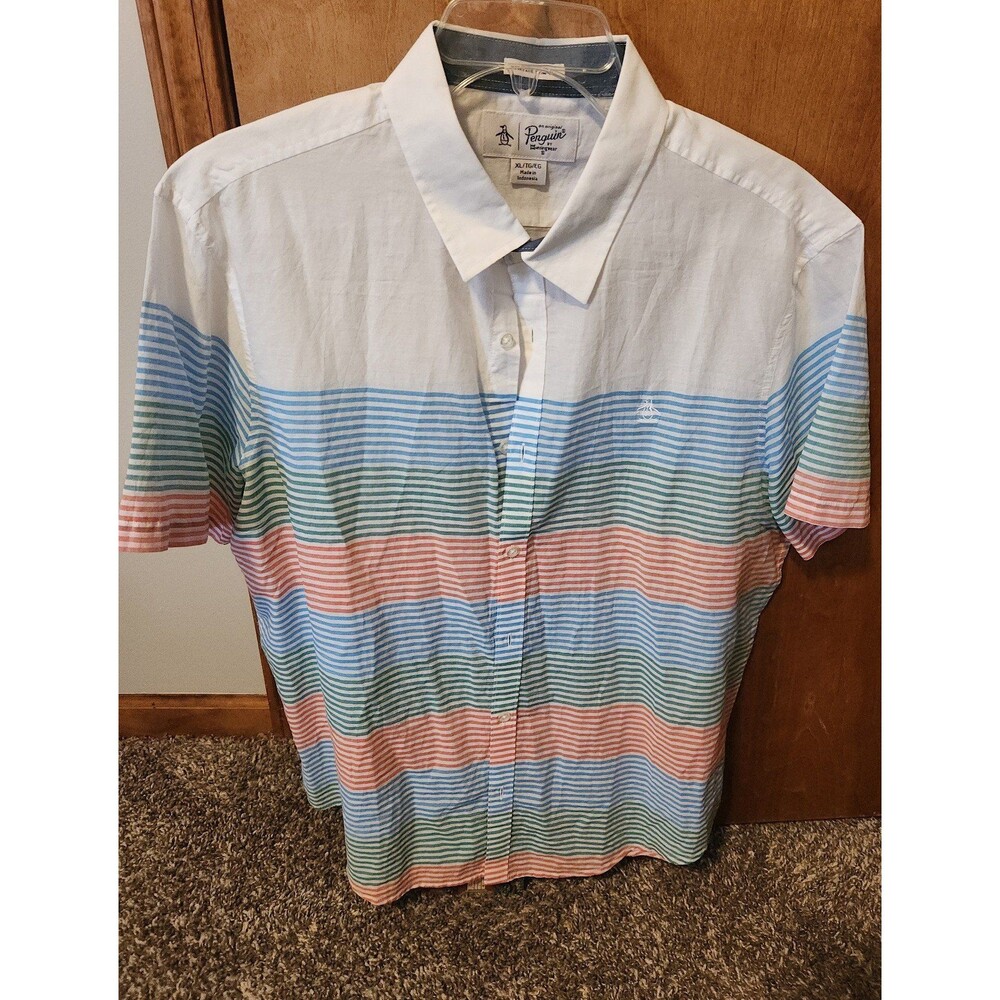 Penguin Mens Slim Fit Casual Button Up Shirt Size XL Striped Lightweight
